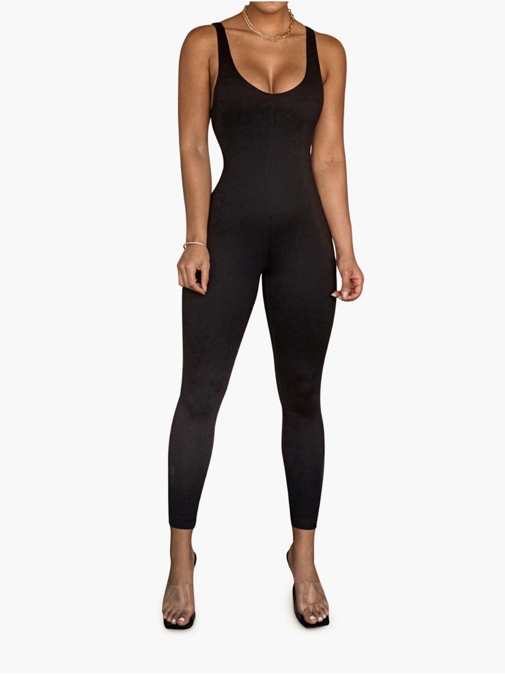 JLUXLABEL Black Scoop-Neck Form-Fitting Jumpsuit size Small